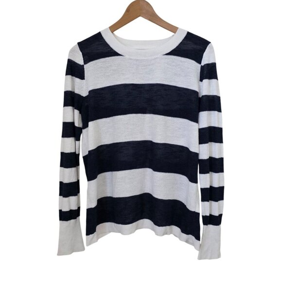 Banana Republic Navy White Striped Cross-Back Long-Sleeve Linen Blend Sweater S - Picture 1 of 9